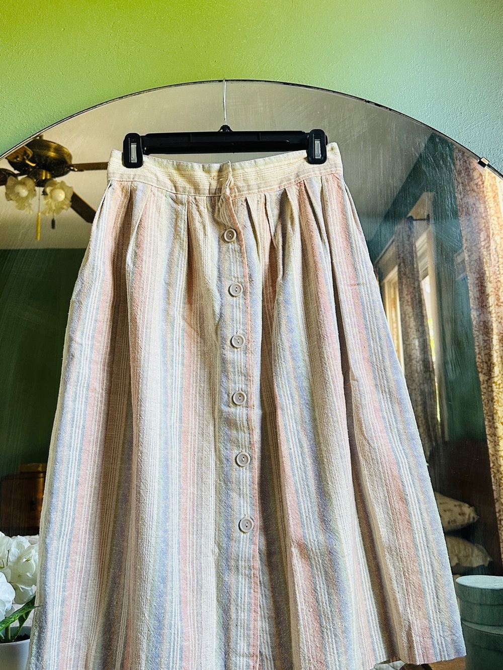 Vintage Button-Front Pastel Striped Midi Skirt Bedford Flair